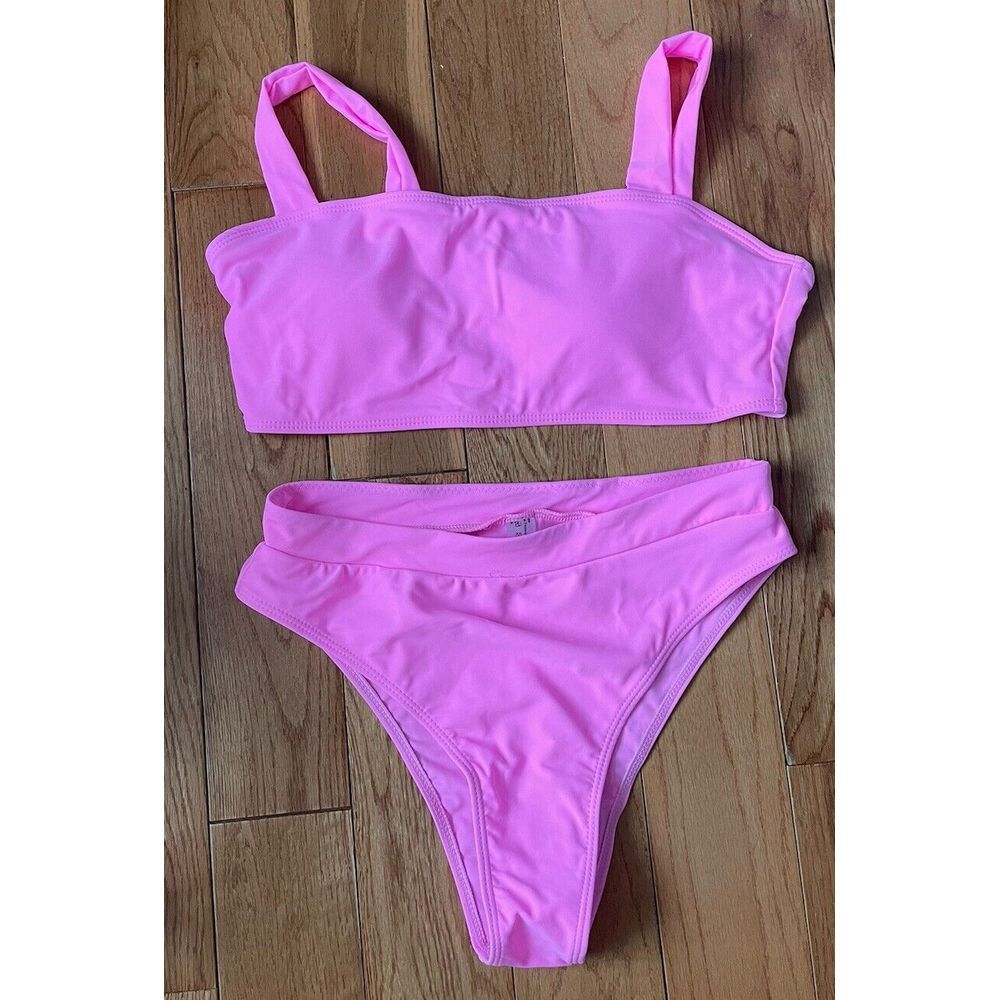 Shein Bikini Bubble Gum Pink Size M High-waisted Bottoms/ Full Coverage Top NWT
